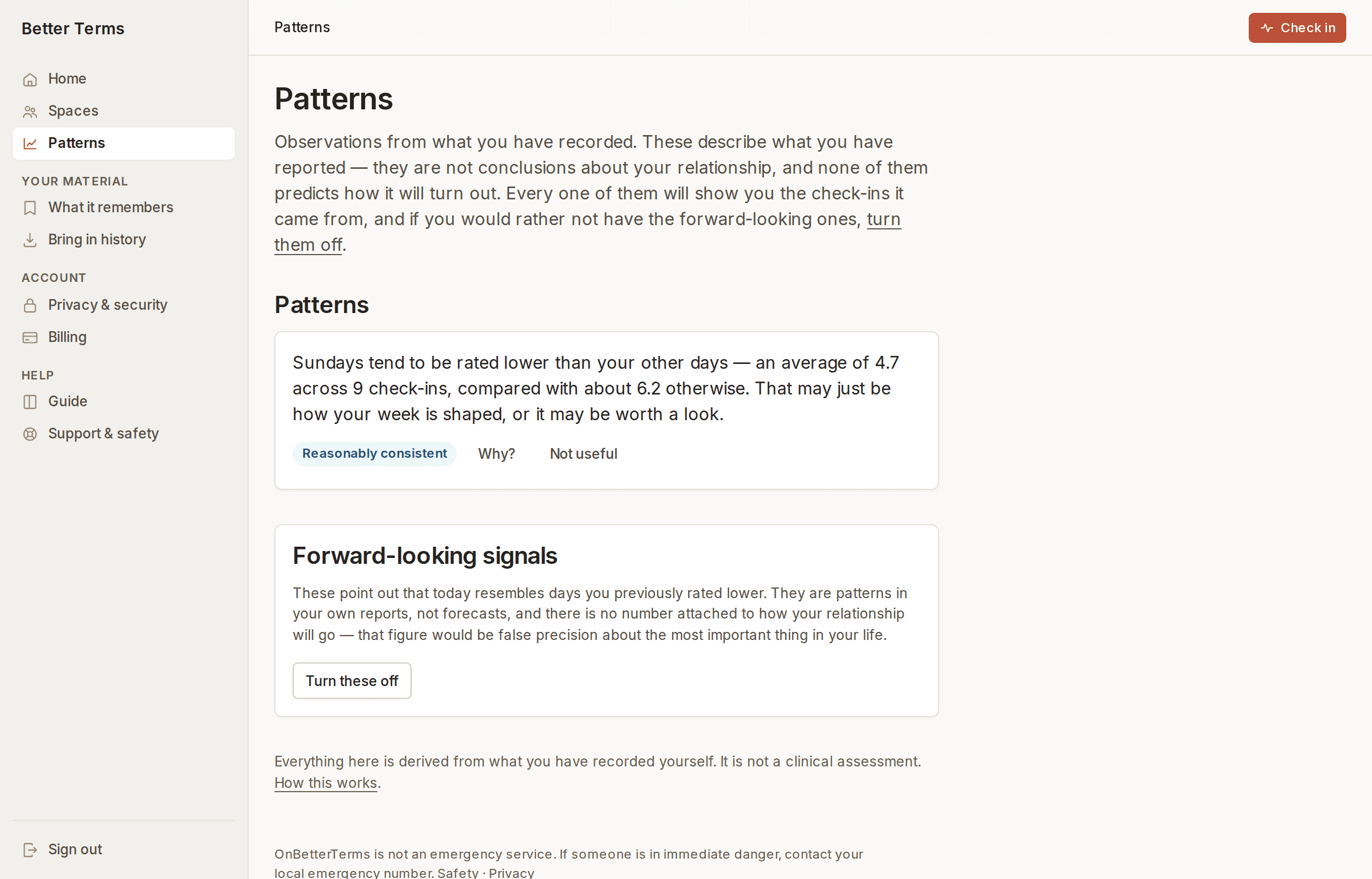 A patterns screen showing an observation that Sundays are rated lower, with an average, the number of check-ins behind it, a confidence label and a “Why?” link.