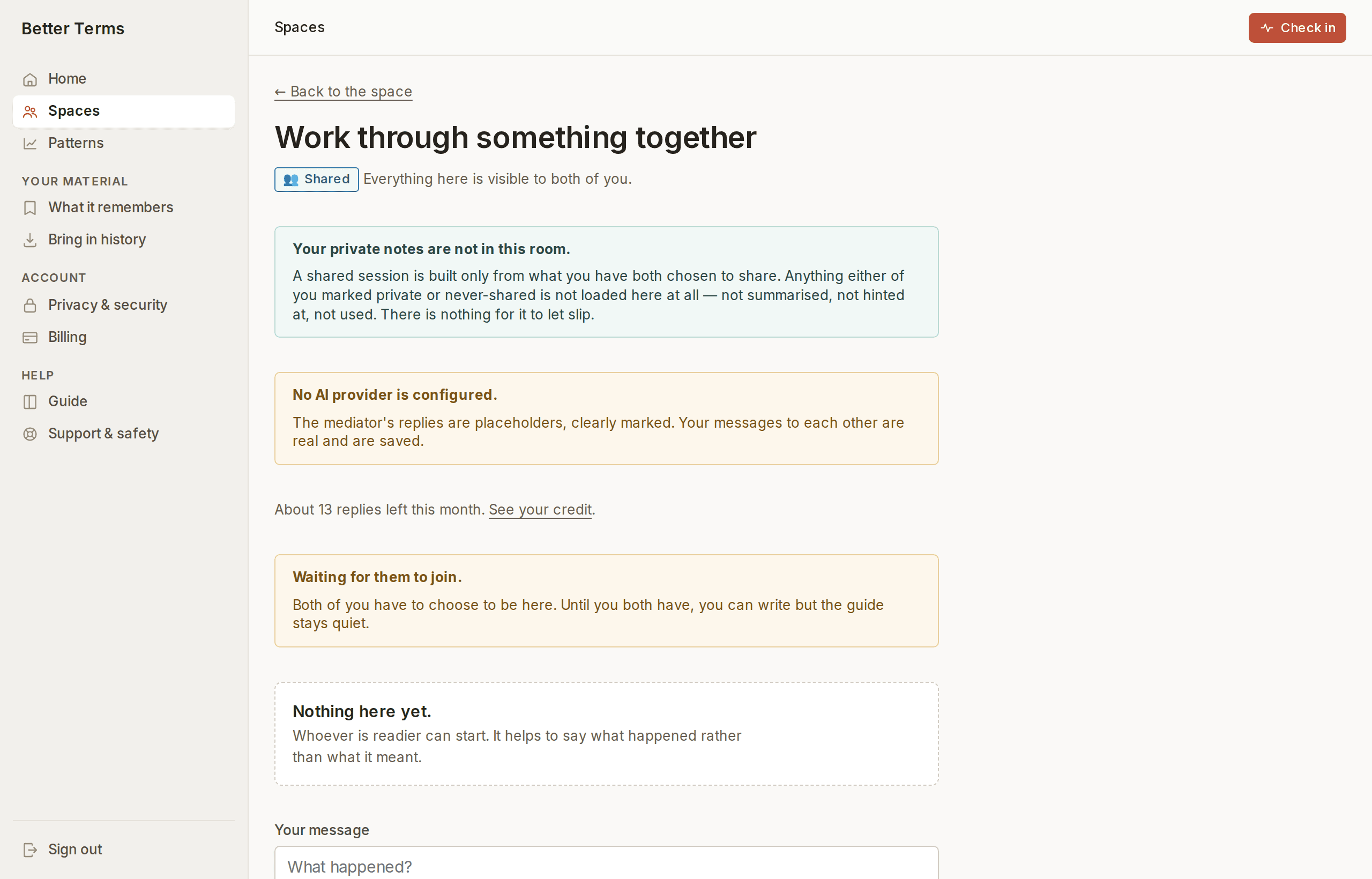 A shared session screen marked Shared, stating that everything in it is visible to both people and that private notes are not in the room.
